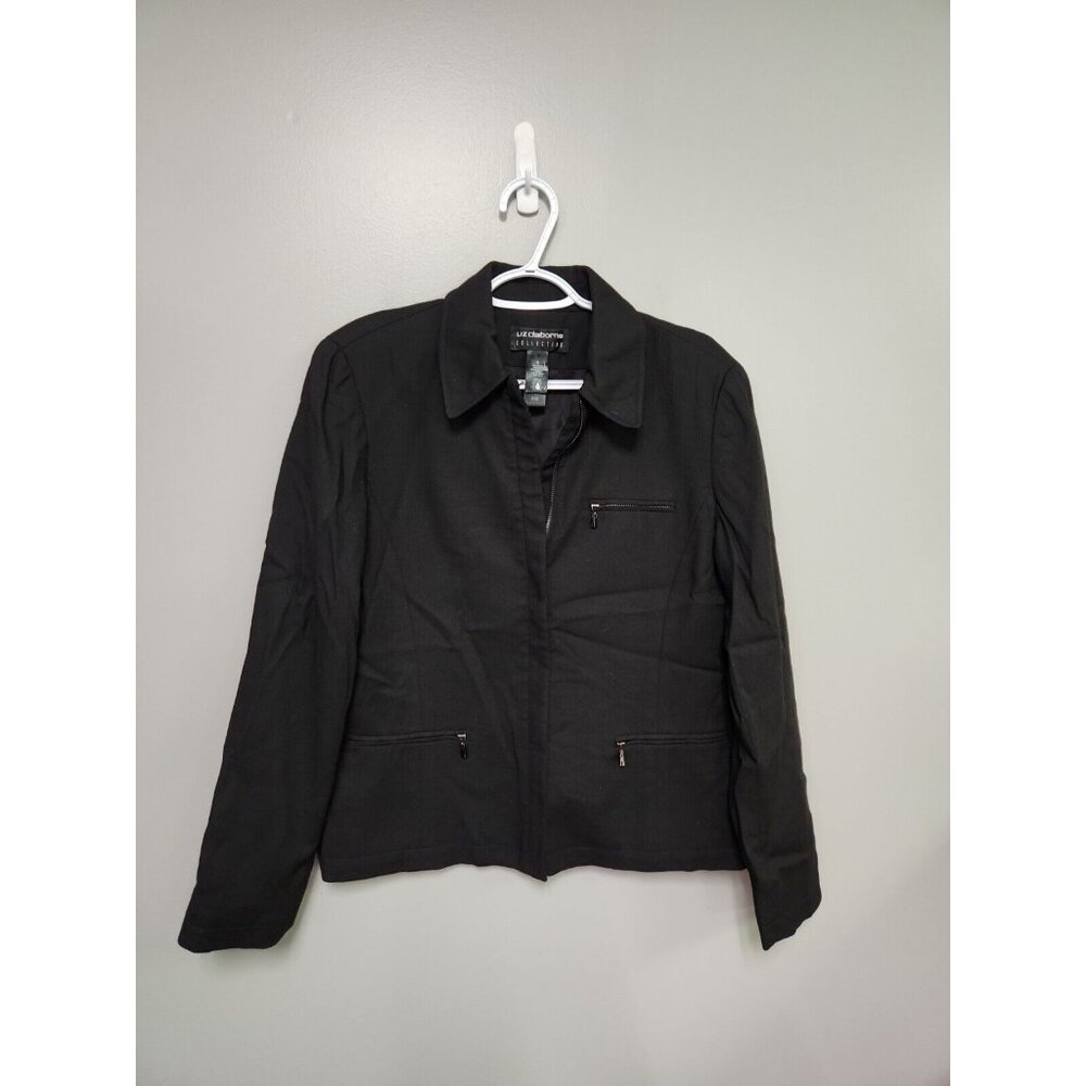 Liz Claiborne Dress Jacket Women's Black Collar Poly Tech Size 8 EUC